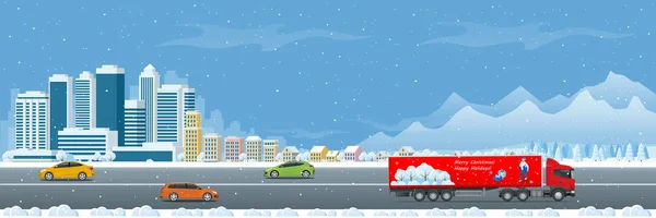 Noël et Nouvel An camion de livraison. Shopping de Noël et vacances d'hiver. Logistique et concept de livraison. Livraison à domicile et au bureau. Logistique urbaine . — Image vectorielle