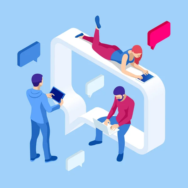 Isometric Concept of Social Media Network, Digital Communication, Chatting. Chat en ligne Homme et femme App. Notification de messages de chat sur un smartphone . — Image vectorielle