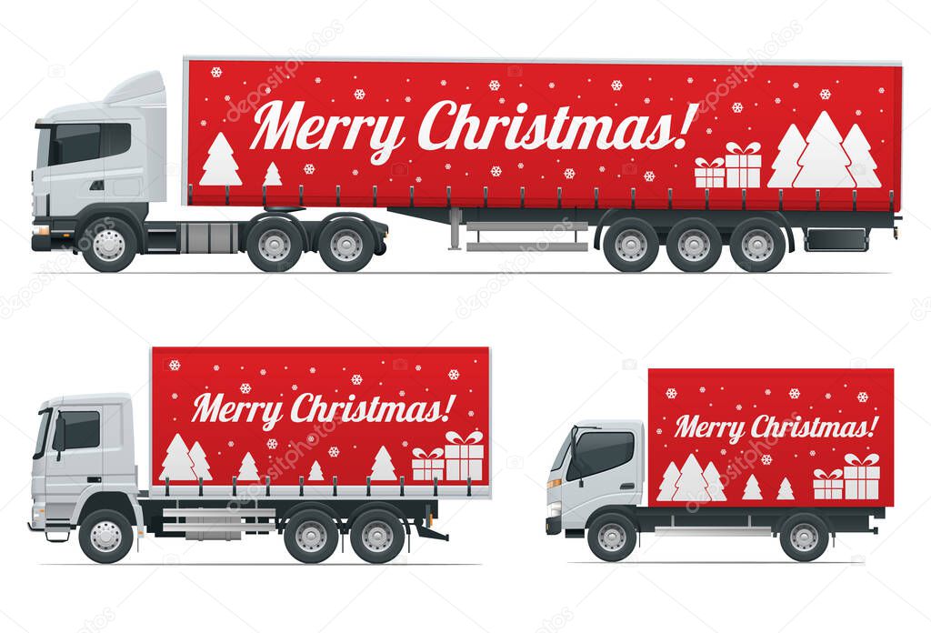 Christmas and New Year Delivery Truck. Christmas Shopping and Winter Holiday. Logistics and Delivery concept. Delivery home and office. City logistics.