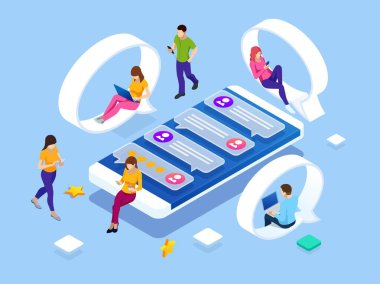 Sosyal Medya Ağı 'nın Isometric Kavramı, Dijital İletişim, Sohbet. Çevrimiçi Chat Man ve Kadın Uygulaması. Smartphone 'da Sohbet Mesajları Bildirimi.