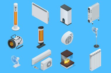 Isometric Ev İklim Denetim Simgeleri. Ev iklimi ekipmanları şömine, ekran kontrollü yağ ısıtıcısı. Reklam, bilgi grafikleri, oyun veya mobil uygulama simgesi için kullanılabilir.