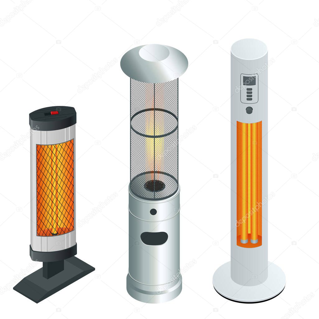 Electric Modern Long-Wave Infrared Patio Heaters and Gas Patio Heater. Isometric Best Patio Heaters for Your Garden, Bars, and Restaurants.