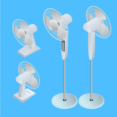 Isometric ev iklim ekipmanları izometrik ikon. Hava Soğutma Fanı. Arka planda stand-up fan modeli seti