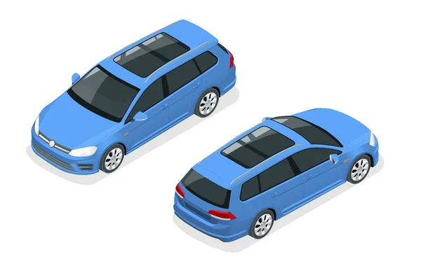 Icono de 5 puertas Isométrico coche azul Hatchback. Plantilla de coche sobre fondo blanco. Hatchback aislado . — Vector de stock