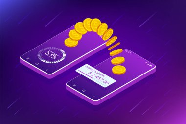 Isometric Nakit Para Tasarruf Konsepti. Para iadesi. Dijital Ödeme veya Çevrimiçi Nakit Servisi. Elektronik fatura.