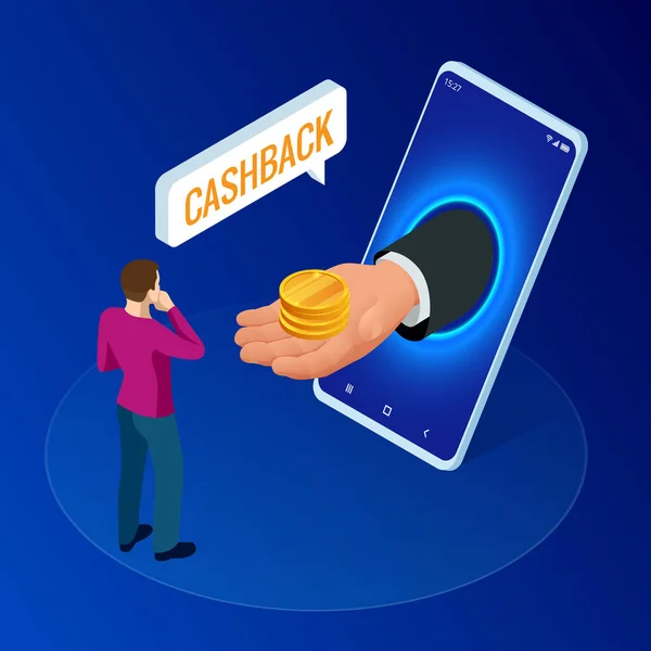 Isometrische cashback en spaargeld concept. Terugbetaling van geld. Digitale Betaling of Online Cashback Service. Elektronische factuur. — Stockvector