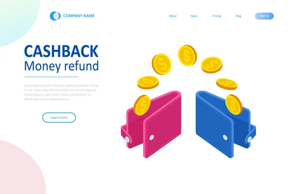 Cashback Isométrico e Conceito de Poupança de Dinheiro. Reembolso de dinheiro. Pagamento digital ou serviço de reembolso online. Factura electrónica. — Vetor de Stock