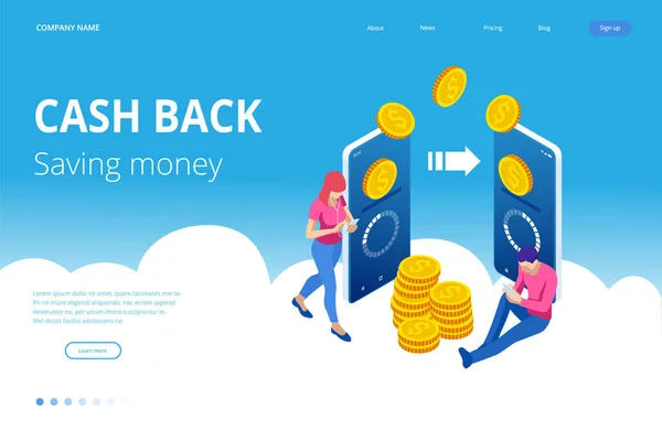 Isometric Cashback and Saving Money Concept. Remboursement d'argent. Paiement numérique ou service de retrait en ligne. Facture électronique. — Image vectorielle