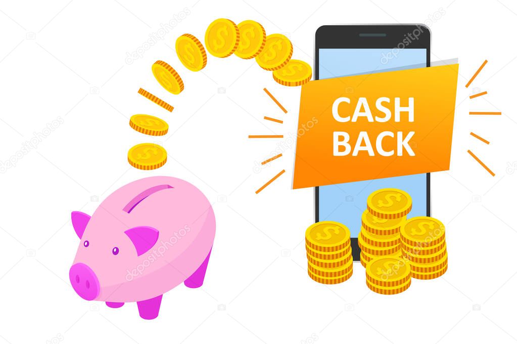 Isometric Cashback and Saving Money Concept. Money Refund. Digital Payment or Online Cashback Service. Electronic invoice.