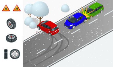 Kış Sürüşü ve yol güvenliği. Araba kaygan bir yolda ilerler. Şehir ulaşımı. Reklam, bilgi grafikleri, oyun veya mobil uygulama simgesi olarak kullanılabilir. Zincirli araba.