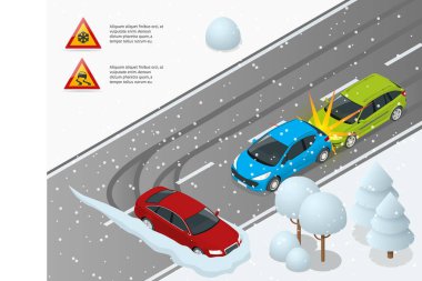 Isometric Winter Driving ve yol güvenliği. Araba kaygan bir yolda ilerler. Şehir ulaşımı. Reklam, bilgi grafikleri, oyun veya mobil uygulama simgesi için kullanılabilir.