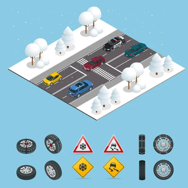 Ισομετρική ολισθηρό, πάγος, Χειμώνας, χιόνι δρόμος και αυτοκίνητα. Προσοχή το χιόνι. Χειμερινή οδήγηση και την οδική ασφάλεια. Αστικές μεταφορές. — Διανυσματικό Αρχείο