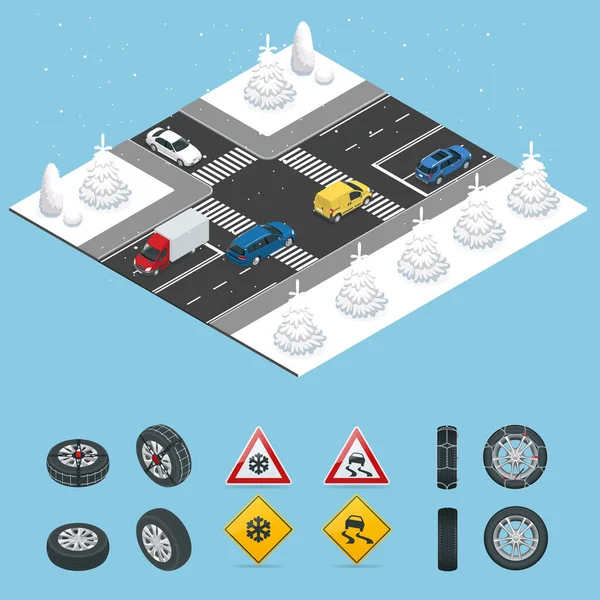 Isometrica scivoloso, ghiaccio, inverno, strada innevata e auto. Attenzione Snow. Inverno Guida e sicurezza stradale. Trasporti urbani . — Vettoriale Stock