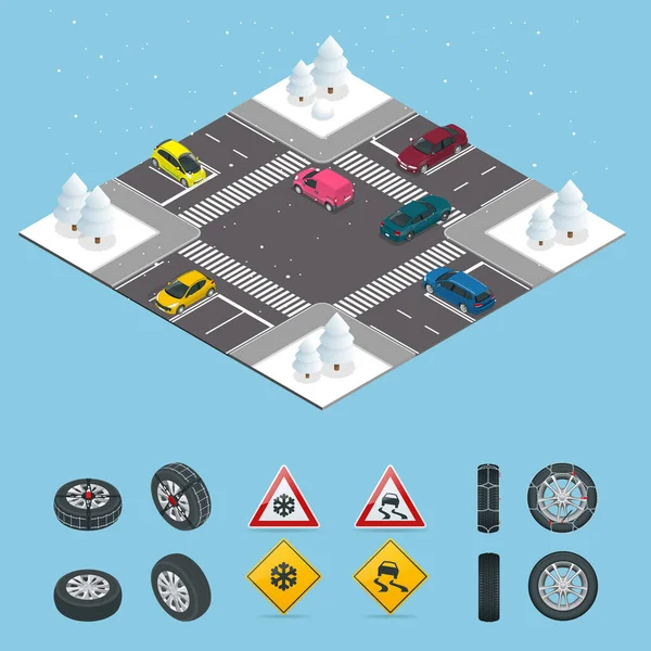 Ισομετρική ολισθηρό, πάγος, Χειμώνας, χιόνι δρόμος και αυτοκίνητα. Προσοχή το χιόνι. Χειμερινή οδήγηση και την οδική ασφάλεια. Αστικές μεταφορές. — Διανυσματικό Αρχείο