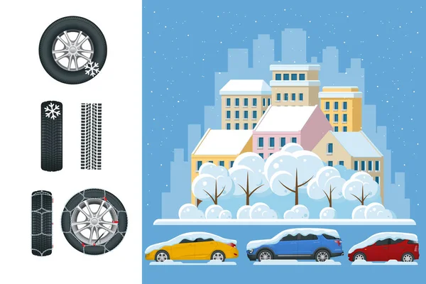 Csúszós, jeges, téli, havas út és autók. Vigyázat, Hófehérke! Téli vezetés és közlekedésbiztonság. Városi közlekedés. Autó hólánccal — Stock Vector