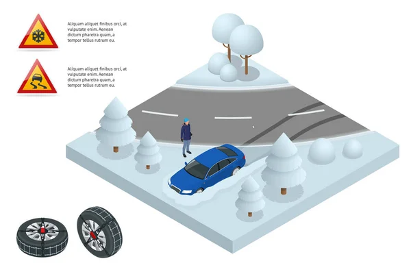 Isometrische drift auto op een besneeuwde weg concept. Zware sneeuwval op de weg rijden op het wordt gevaarlijk isometrische illustratie. Auto met sneeuwkettingen — Stockvector
