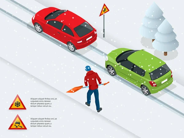 等距滑, 冰, 冬, 雪路和汽车。小心雪冬季行车和道路安全。城市交通. — 图库矢量图片