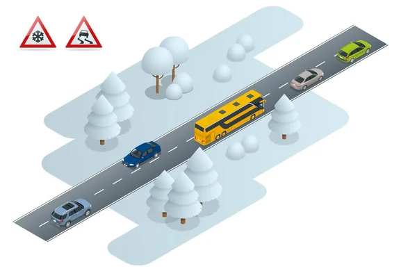 Izometrikus csúszós, jég, tél, hó út és autók. Vigyázat, Hófehérke! Téli vezetés és közlekedésbiztonság. Városi közlekedés. Láncok hó a keréken — Stock Vector