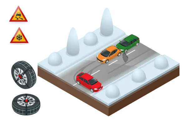 Winter Autorijden en verkeersveiligheid. De auto rijdt op een gladde weg. Stedelijk vervoer. Kettingen sneeuw op het wiel Kan worden gebruikt voor reclame, infographics, game of mobiele apps icoon. — Stockvector