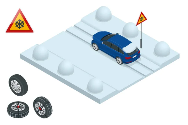 Ισομετρική ολισθηρό, πάγο, χειμώνα, χιόνι δρόμο και τα αυτοκίνητα. Προσοχή Χιόνι. Χειμερινή οδήγηση και οδική ασφάλεια. Αστικές μεταφορές. Αλυσίδες χιόνι στο τιμόνι — Διανυσματικό Αρχείο
