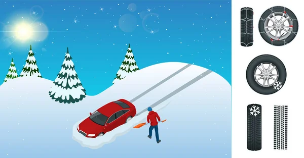 Ковзанярство, лід, зима, снігова дорога та автомобілі. Обережно, сніг. Зимове водіння та безпека дорожнього руху. Міський транспорт. Ланцюги сніг для коліс автомобіля на білому тлі . — стоковий вектор