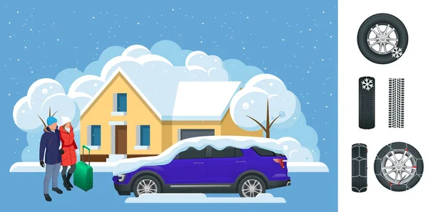Csúszós, jeges, téli, havas út és autók. Vigyázat, Hófehérke! Téli vezetés és közlekedésbiztonság. Városi közlekedés. Láncok hó a kerekek autó fehér háttér. — Stock Vector