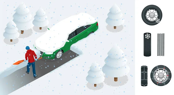 Человек с лопатой чистит снег на заднем дворе перед машиной. Город после метели. Машина покрыта снегом. Изометрическая векторная иллюстрация — стоковый вектор