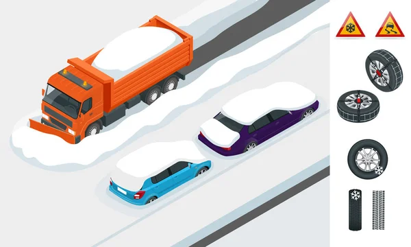 Sneeuwploeg truck clearing weg na white-out winter sneeuwstorm sneeuwstorm sneeuwstorm voor toegang tot het voertuig. Auto 's bedekt met sneeuw op een weg tijdens de sneeuwval. — Stockvector