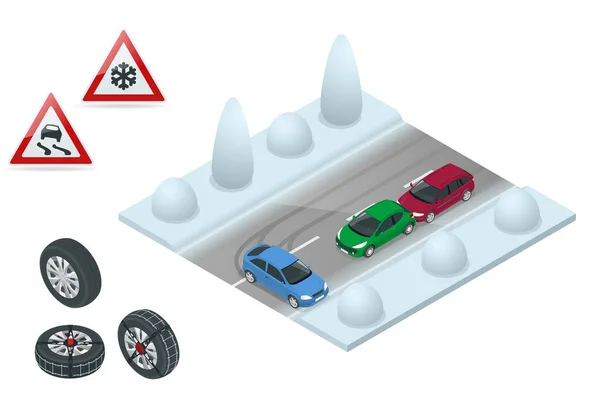Winter Autorijden en verkeersveiligheid. De auto rijdt op een gladde weg. Stedelijk vervoer. Kan gebruikt worden voor reclame, infographics, game of mobiele apps icoon. — Stockvector