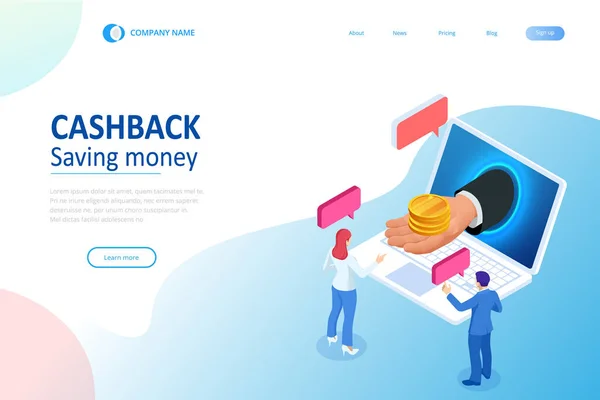 Isométrico Cashback and Saving Money Concept. Reembolso de dinero. Pago digital o servicio de reembolso en línea. Factura electrónica. — Vector de stock