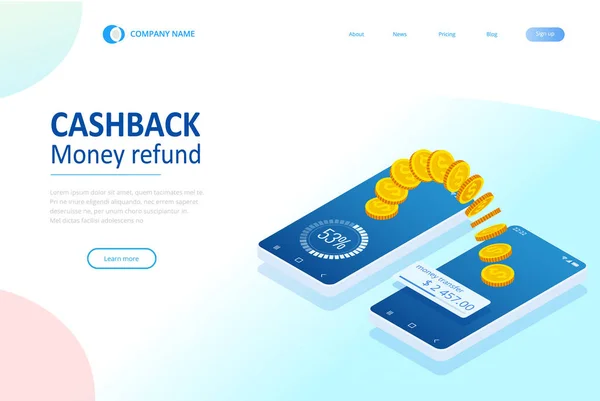 Isometric Cashback and Saving Money Concept. Vrácení peněz. Digitální platba nebo on-line služba Cashback. Elektronická faktura. — Stockový vektor