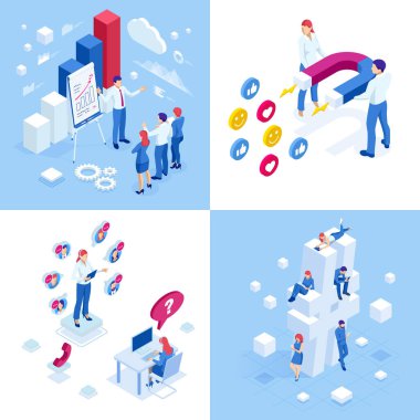 Isometric iş kavramları. İş adamları ve iş kadınları farklı durumdalar. Çevrimiçi işbirliği, anlaşma, başarı, sgoal başarı, projelerin finansmanı, çevrimiçi danışma, ortaklık.