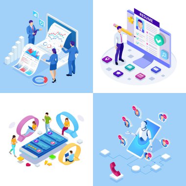 Isometric iş kavramları. İş adamları ve iş kadınları farklı durumdalar. Çevrimiçi işbirliği, anlaşma, başarı, sgoal başarı, projelerin finansmanı, çevrimiçi danışma, ortaklık.