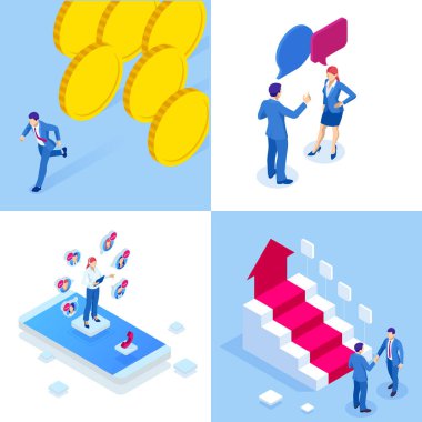 Isometric iş kavramları. İş adamları ve iş kadınları farklı durumdalar. Çevrimiçi işbirliği, anlaşma, başarı, sgoal başarı, projelerin finansmanı, çevrimiçi danışma, ortaklık.