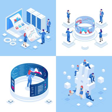 Isometric iş kavramları. İş adamları ve iş kadınları farklı durumdalar. Çevrimiçi işbirliği, anlaşma, başarı, sgoal başarı, projelerin finansmanı, çevrimiçi danışma, ortaklık.