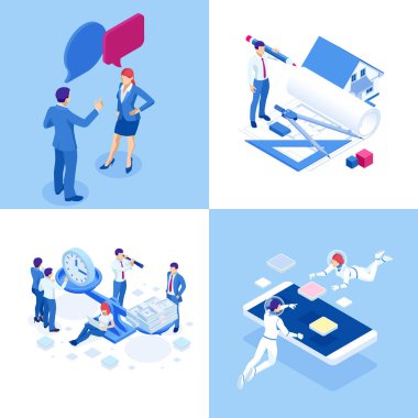 Isometric iş kavramları. İş adamları ve iş kadınları farklı durumdalar. Çevrimiçi işbirliği, anlaşma, başarı, sgoal başarı, projelerin finansmanı, çevrimiçi danışma, ortaklık.