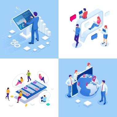 Isometric iş kavramları. İş adamları ve iş kadınları farklı durumdalar. Çevrimiçi işbirliği, anlaşma, başarı, sgoal başarı, projelerin finansmanı, çevrimiçi danışma, ortaklık.