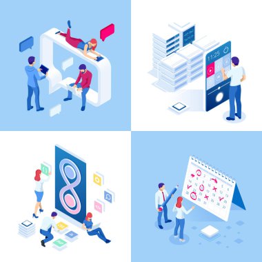 Isometric iş kavramları. İş adamları ve iş kadınları farklı durumdalar. Çevrimiçi işbirliği, anlaşma, başarı, sgoal başarı, projelerin finansmanı, çevrimiçi danışma, ortaklık.
