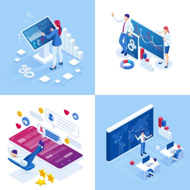 Isometric iş kavramları. İş adamları ve iş kadınları farklı durumdalar. Çevrimiçi işbirliği, anlaşma, başarı, sgoal başarı, projelerin finansmanı, çevrimiçi danışma, ortaklık.