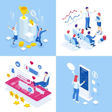 Isometric iş kavramları. İş adamları ve iş kadınları farklı durumdalar. Çevrimiçi işbirliği, anlaşma, başarı, sgoal başarı, projelerin finansmanı, çevrimiçi danışma, ortaklık.