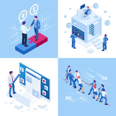 Isometric iş kavramları. İş adamları ve iş kadınları farklı durumdalar. Çevrimiçi işbirliği, anlaşma, başarı, sgoal başarı, projelerin finansmanı, çevrimiçi danışma, ortaklık.