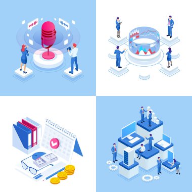 Isometric iş kavramları. İş adamları ve iş kadınları farklı durumdalar. Çevrimiçi işbirliği, anlaşma, başarı, sgoal başarı, projelerin finansmanı, çevrimiçi danışma, ortaklık.