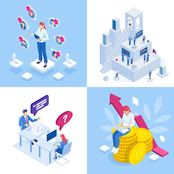 Isométriques concepts d'affaires. Hommes d'affaires et femmes d'affaires dans différentes situations. Coopération en ligne, accord, succès, réalisation d'objectifs, financement de projets, consultation en ligne, partenariat . — Image vectorielle