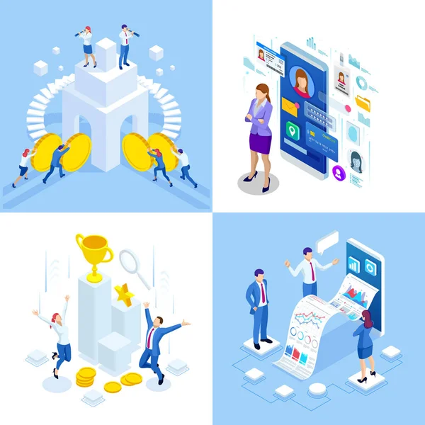 Isométriques concepts d'affaires. Hommes d'affaires et femmes d'affaires dans différentes situations. Coopération en ligne, accord, succès, réalisation d'objectifs, financement de projets, consultation en ligne, partenariat . — Image vectorielle