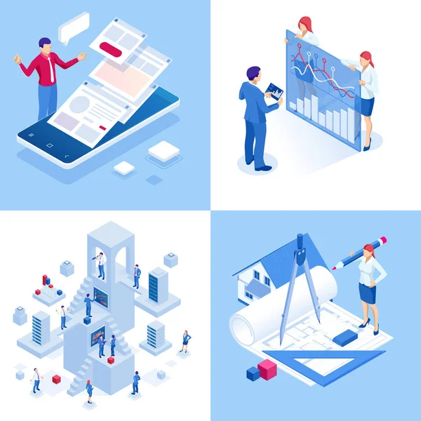 Isométriques concepts d'affaires. Hommes d'affaires et femmes d'affaires dans différentes situations. Coopération en ligne, accord, succès, réalisation d'objectifs, financement de projets, consultation en ligne, partenariat . — Image vectorielle