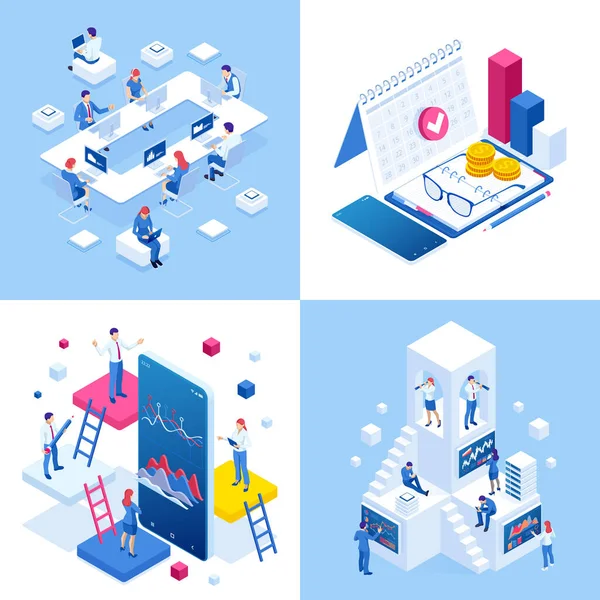 Conceptos de negocio isométricos. Empresarios y empresarias en diferentes situaciones. Cooperación en línea, acuerdo, éxito, logro de objetivos, financiación de proyectos, consulta en línea, asociación . — Vector de stock