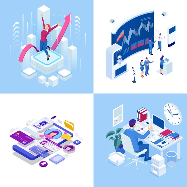 Isométriques concepts d'affaires. Hommes d'affaires et femmes d'affaires dans différentes situations. Coopération en ligne, accord, succès, réalisation d'objectifs, financement de projets, consultation en ligne, partenariat . — Image vectorielle