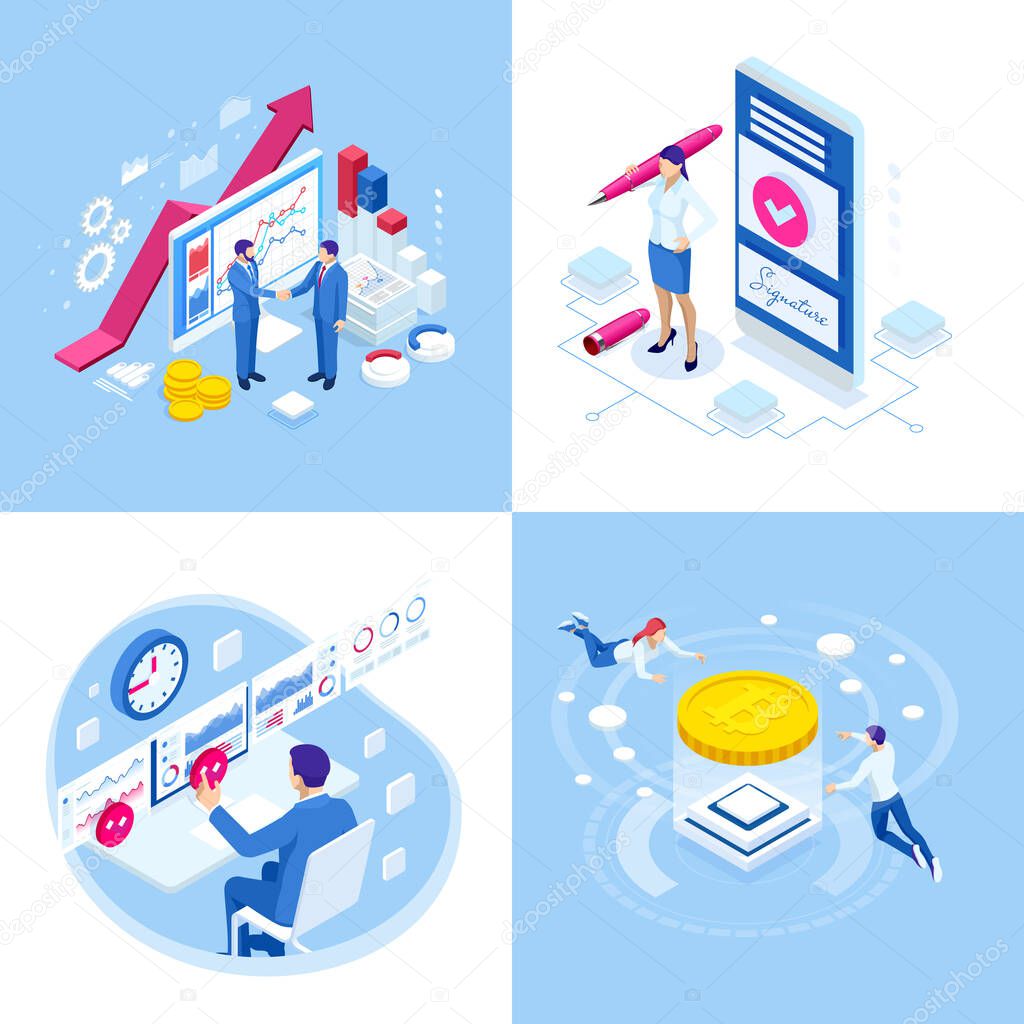 Isometric business concepts. Businessmen and business woman in different situations. Online cooperation, agreement, success, sgoal achievement, financing of projects, online consultation, partnership.