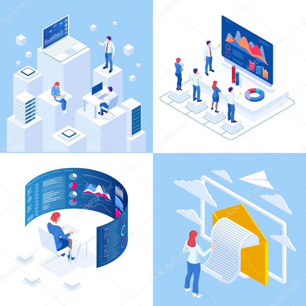 Isometric business concepts. Businessmen and business woman in different situations. Online cooperation, agreement, success, sgoal achievement, financing of projects, online consultation, partnership.