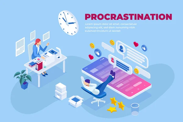 Procrastination isométrique au lieu de travail concept. Employé de bureau tardant le plus longtemps possible avant de retourner au travail . — Image vectorielle